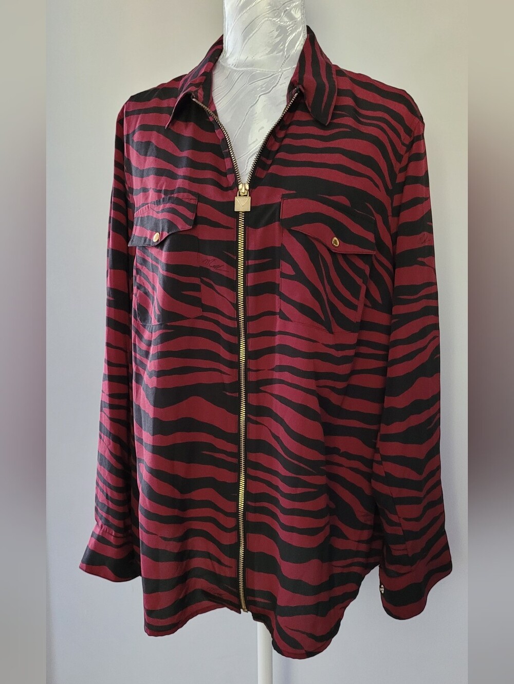 Michael Kors Burgundy and Black Zebra-Print Zip Front Blouse